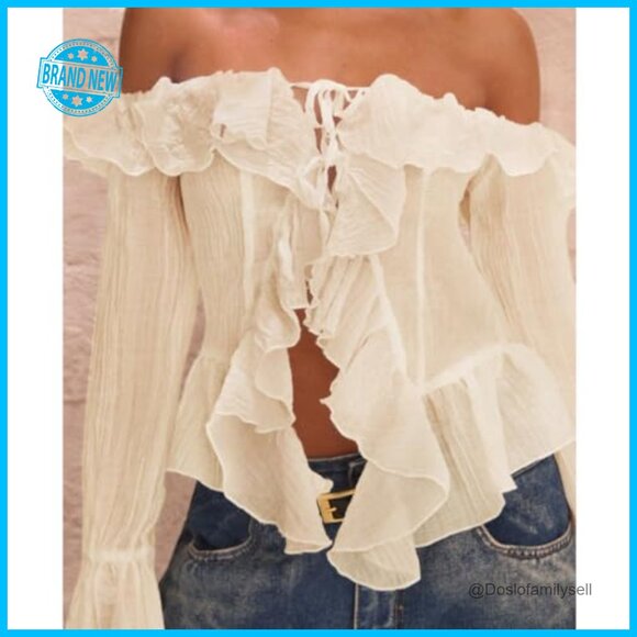Off Shoulder Ruffle Crop Blouse Y2K Bell Sleeve See Through Chic Top - Picture 5 of 7